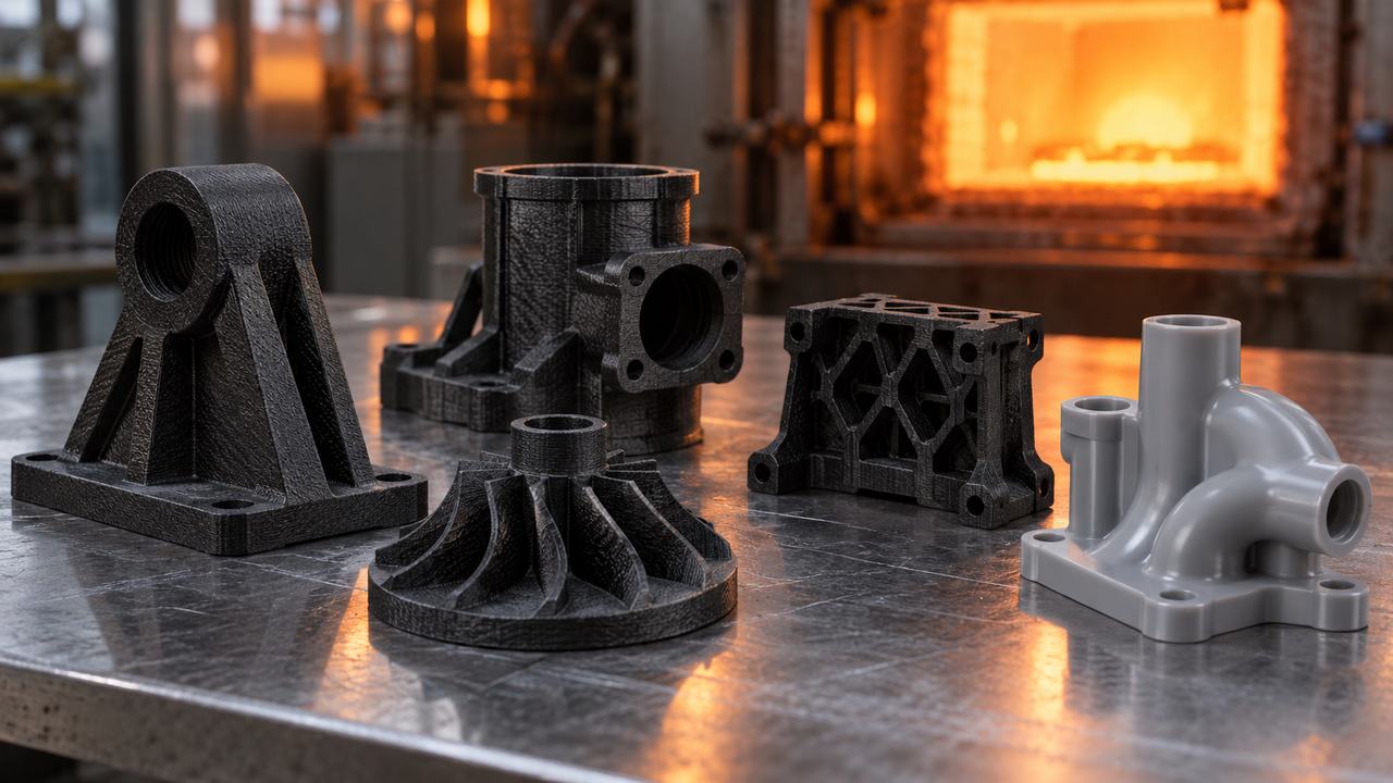 Piezas técnicas impresas en 3D en materiales de alta temperatura junto a un horno industrial