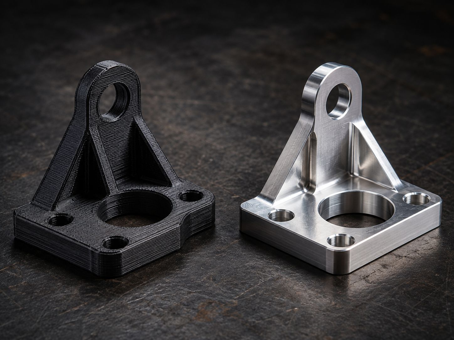 Pieza impresa en 3D junto a la misma pieza mecanizada en aluminio
