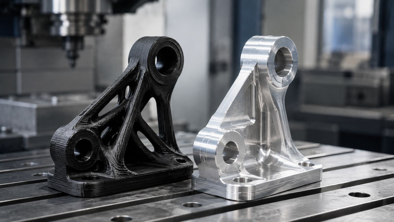 Piezas impresas en 3D en distintos materiales técnicos junto a bobina y granza